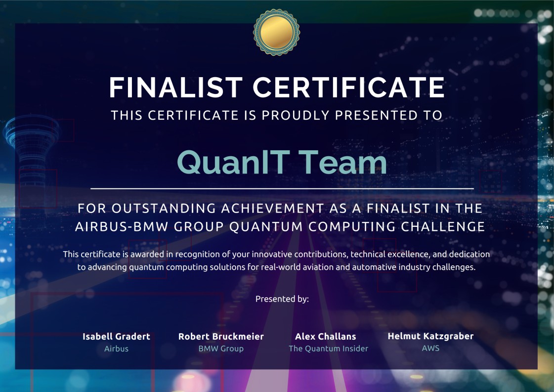 QuanIT Finalist Certificate of Airbus-BMW Group Quantum Computing Challenge